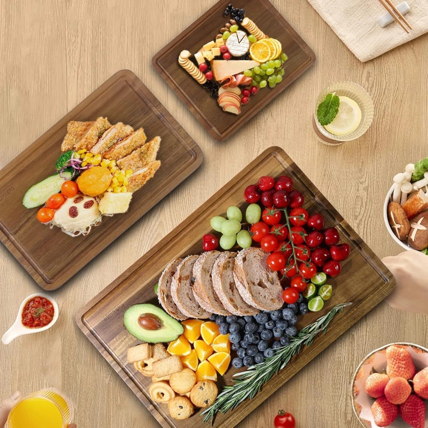 Wood Cutting Boards Set of 3 for Kitchen, Thick Chopping Board, Large Wooden 07FC0E-D4 - KOEEK