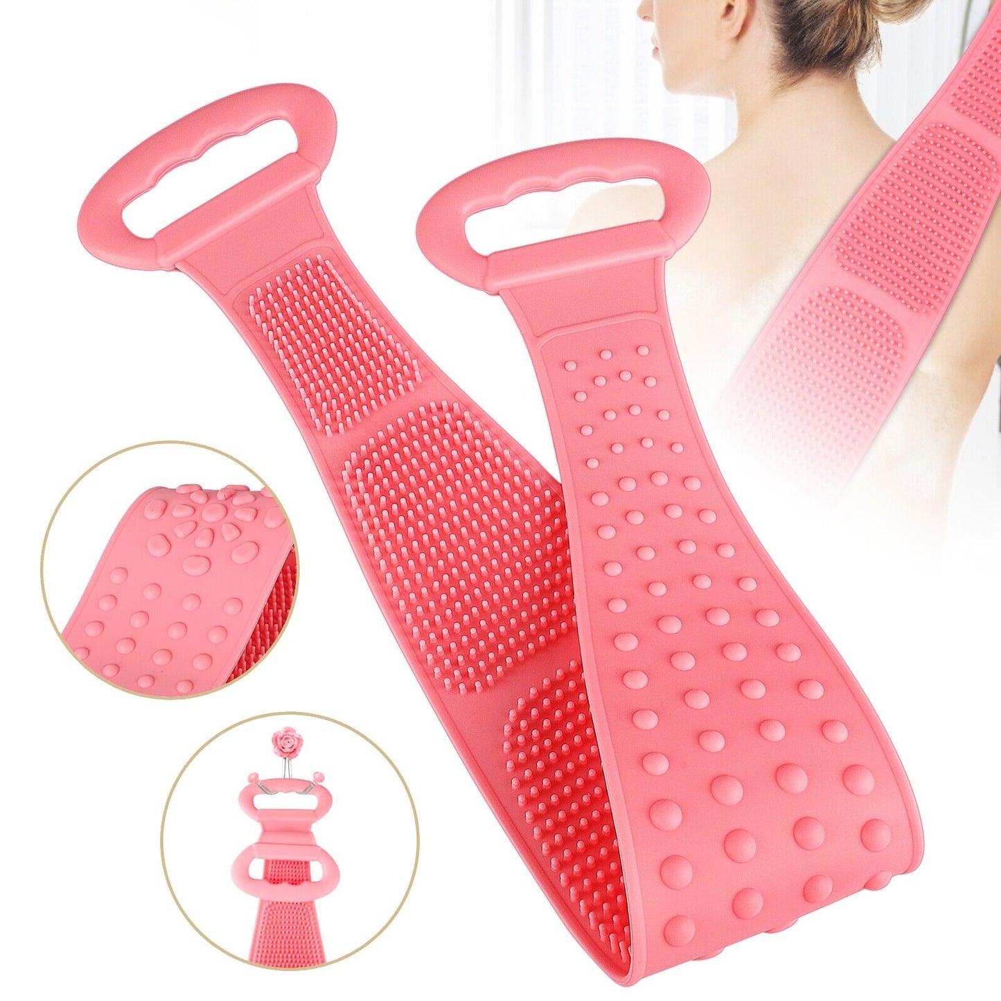 Silicone Bath Towel Rub Brush Pull Back Strip Scrubber Body Shower Exfoliating