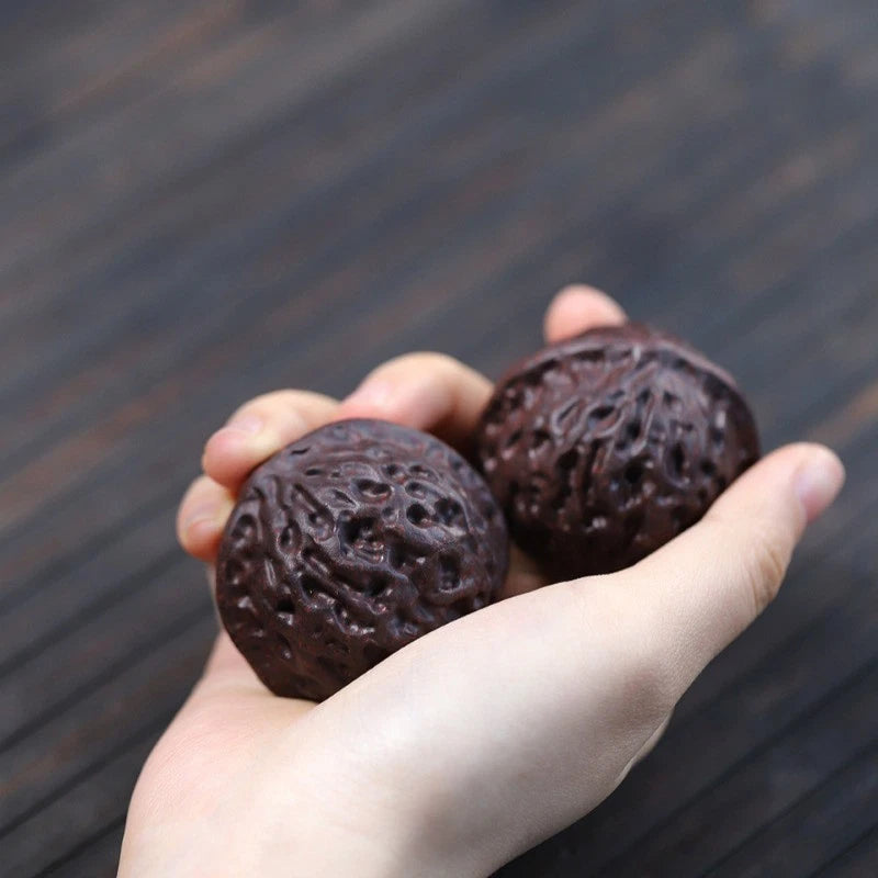 1Pair 4.4cm Yixing Purple Clay Handcarved Walnut Tea Pet Handball Luck Ornament 07FC0E-D4 - KOEEK