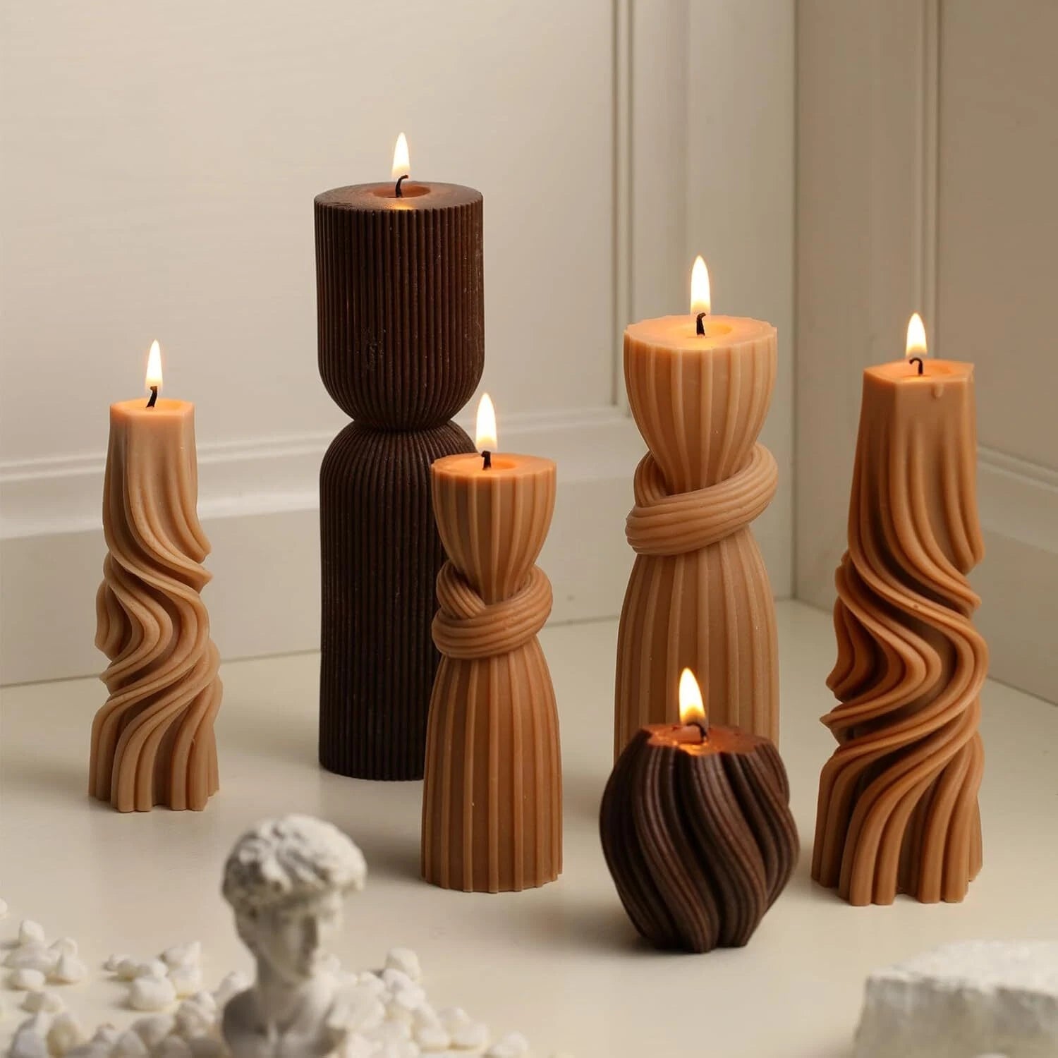 6 Pcs Small Pillar Candles Aesthetic Candles Modern Ribbed Candle Set (Brown) 07FC0E-D4 - KOEEK