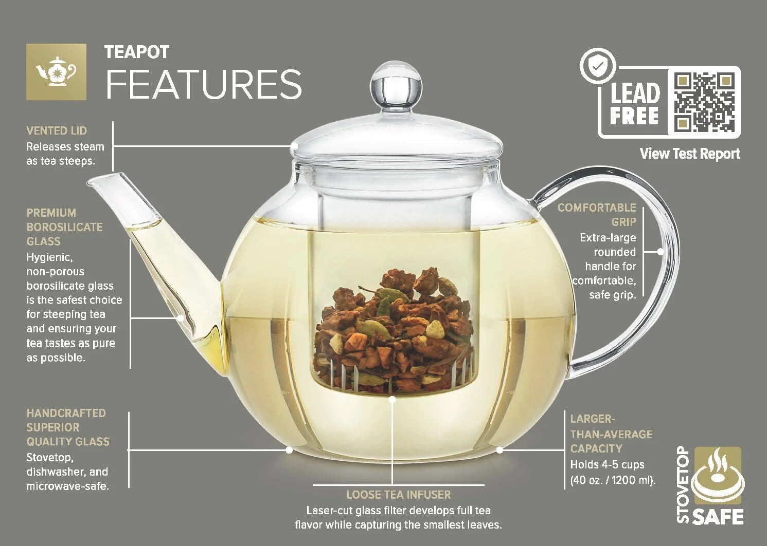 Heatproof Borosilicate Glass Teapot (34 OZ) Removable Loose Tea Glass Infuser 07FC0E-D4 - KOEEK