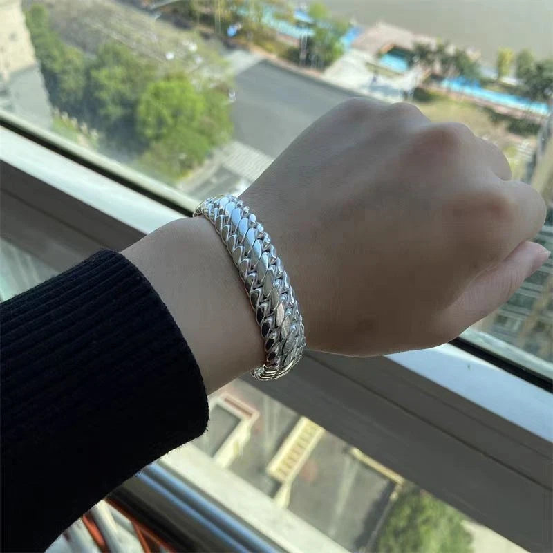 Pure S999 Fine Silver Chain 10mm 12mm 14mm Cuban Curb Link Bracelet 7.1-8.7inch 07FC0E-D4 - KOEEK