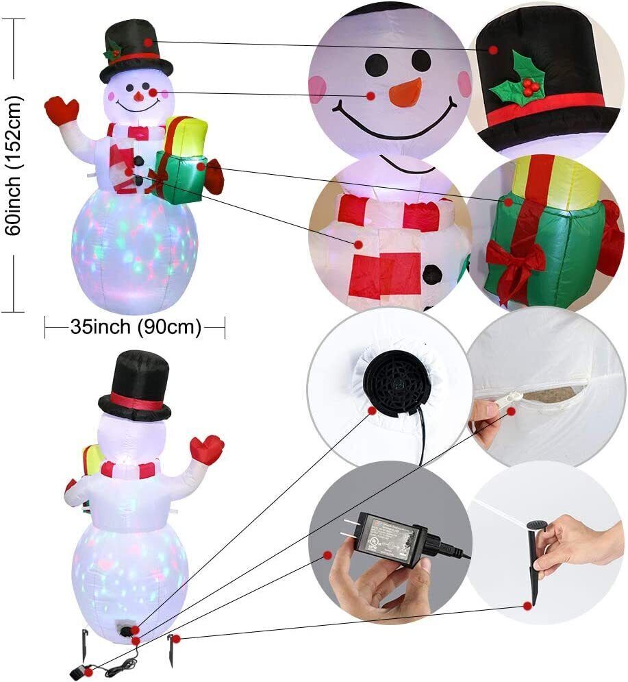 5Ft Inflatable Snowman Christmas Outdoor Yard with Rotating LED Lights Decor 07FC0E-D4 - KOEEK