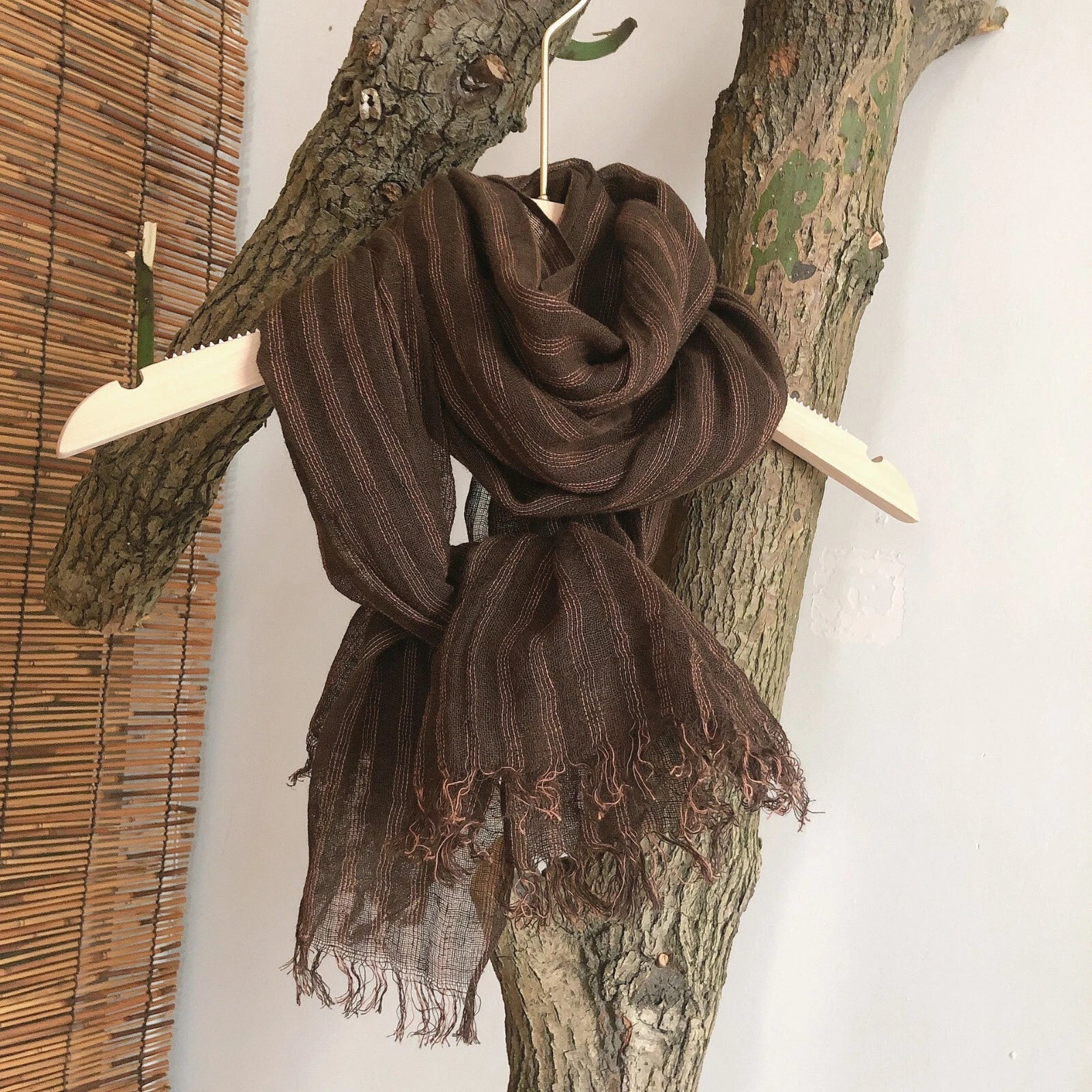 Mens Flax Linen Cotton Striped Breathable Brown Scarf Unisex Shawl Neckerchief 07FC0E-D4 - KOEEK