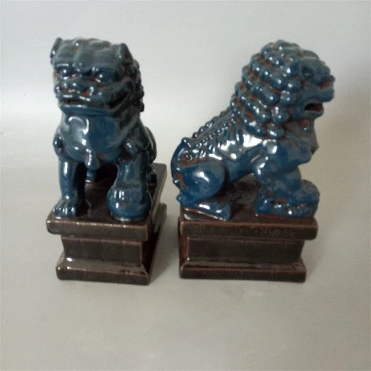 Chinese Old Pair Blue Glazed Porcelain Foo Dogs Statues Action Figure Collection 07FC0E-D4 - KOEEK