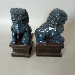 Chinese Old Pair Blue Glazed Porcelain Foo Dogs Statues Action Figure Collection 07FC0E-D4 - KOEEK