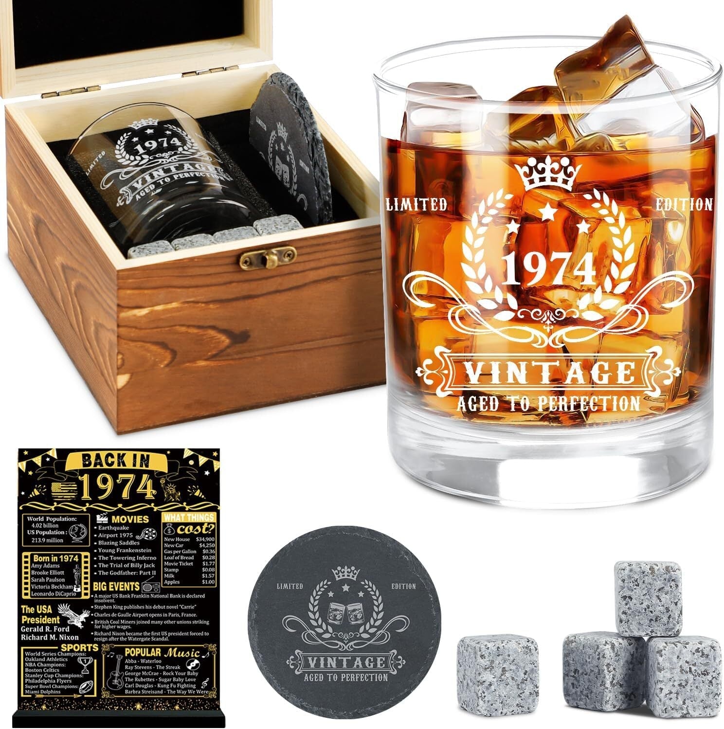 new YeohJoy 50th Birthday Gifts for Men,Vintage 1974 Whiskey Glass Multicolor