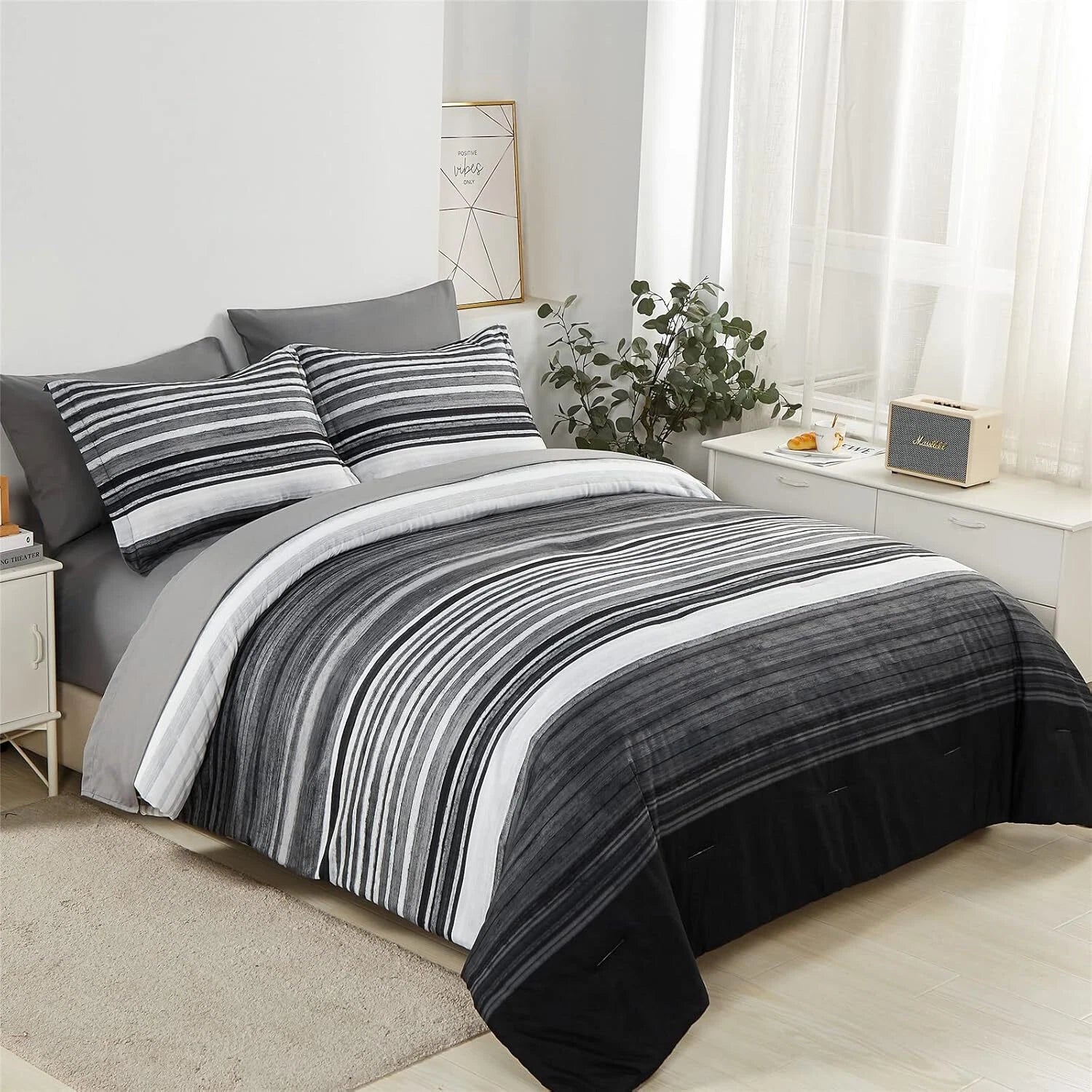 7-Piece Bagged Striped Queen Comforter Set, All Seasons (Gray, Queen) 07FC0E-D4 - KOEEK