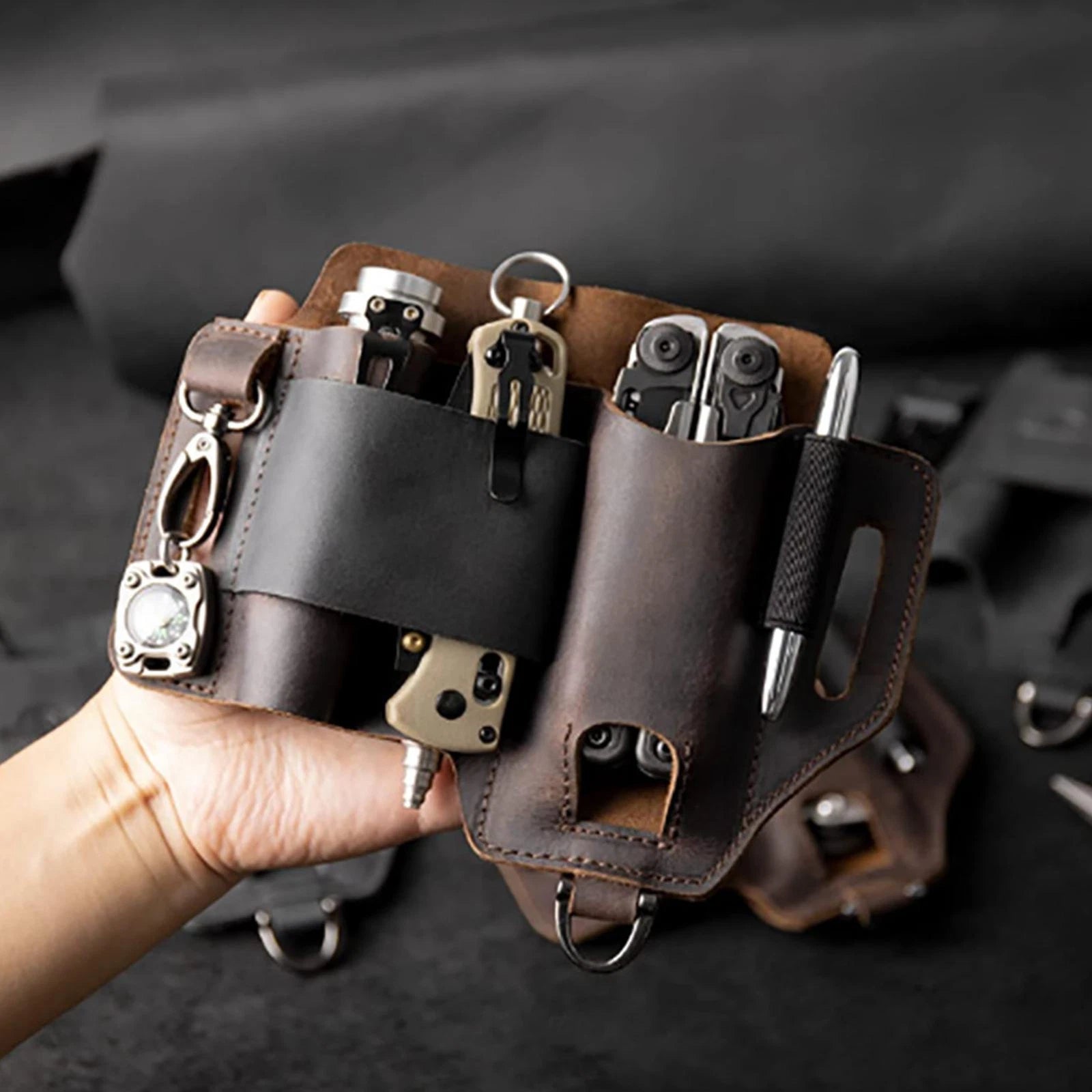 EDC Multi-tool Leather Sheath Outdoor Pocket Organizer Storage Belt Waist Bag 07FC0E-D4 - KOEEK