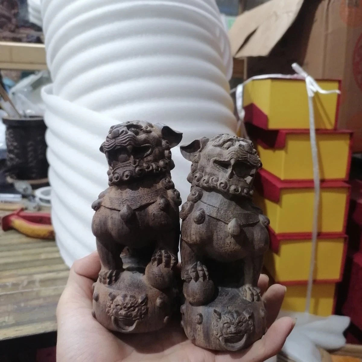 Agarwood Lion Pair Figurine Wood Carving Feng Shui Office Decor 9x14cm 07FC0E-D4 - KOEEK