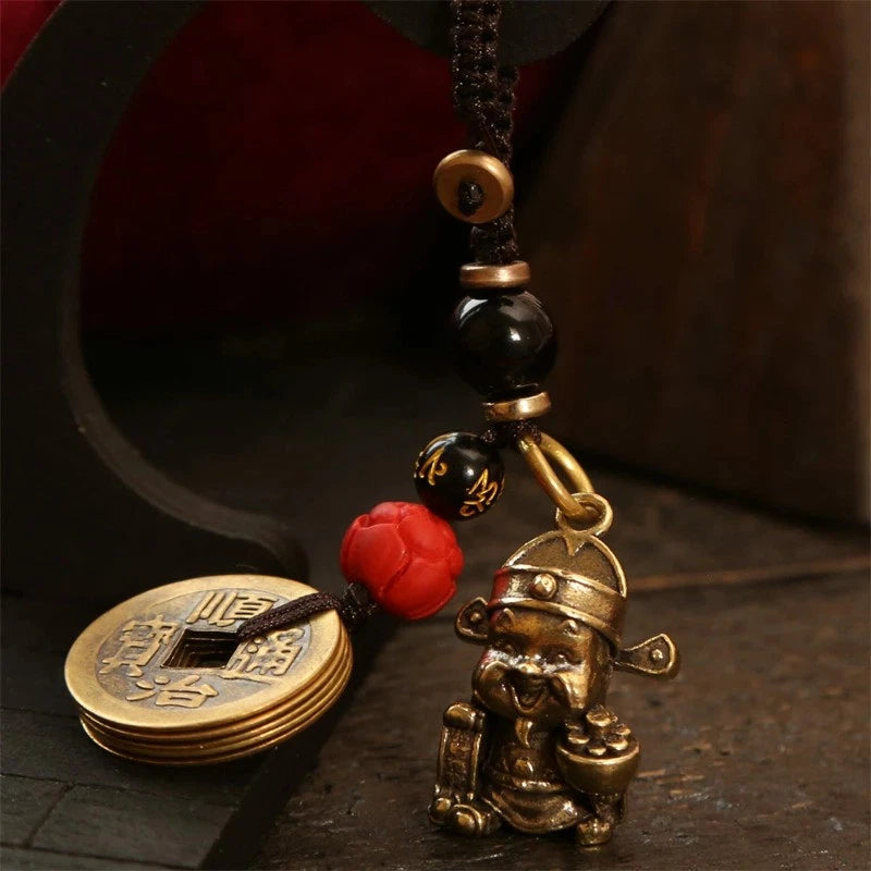 Vintage Brass Wealth God Keychain Amulet Handmade Braided Rope  Pendant 07FC0E-D4 - KOEEK