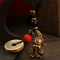 Vintage Brass Wealth God Keychain Amulet Handmade Braided Rope  Pendant 07FC0E-D4 - KOEEK