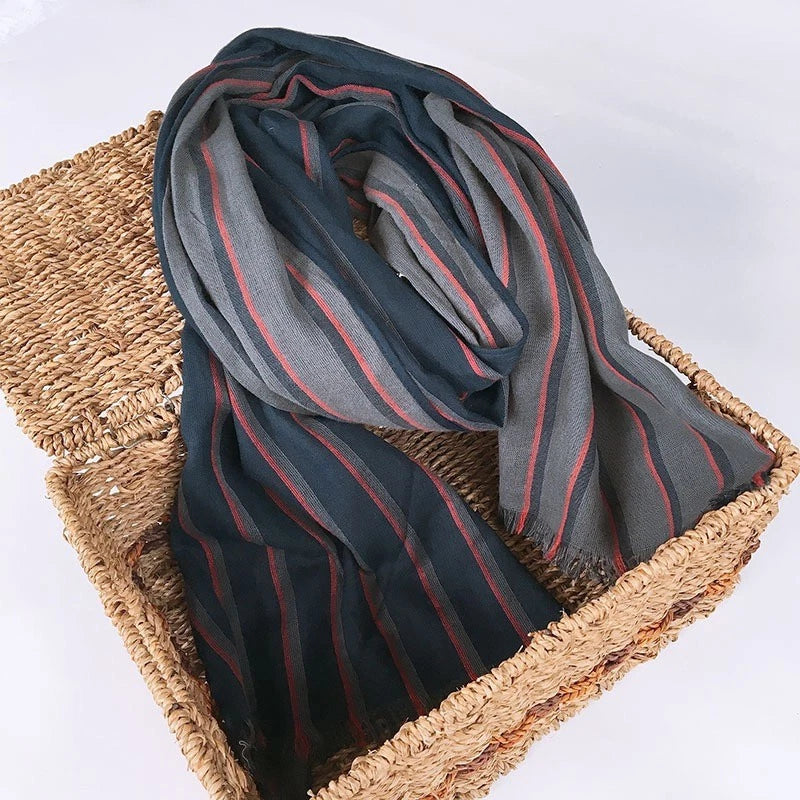 Mens  Cotton Striped Breathable Casual Scarf 2.2m Long Neckerchief Shawl 07FC0E-D4 - KOEEK