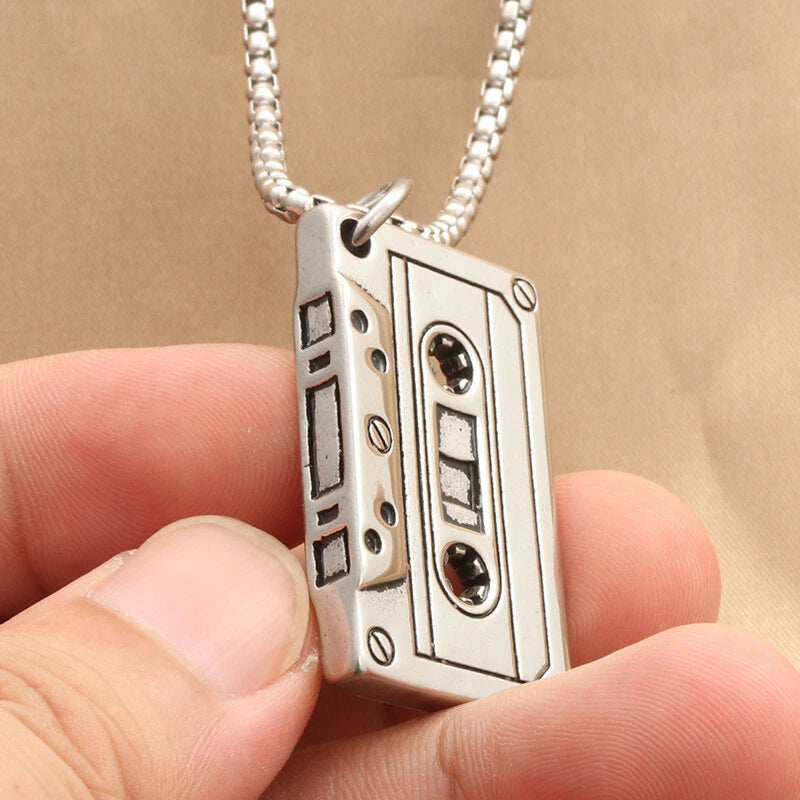 Retro Cassette Tape Necklace Stainless Steel Pendant Chain Rock Jewelry Gift 23" 07FC0E-D4 - KOEEK