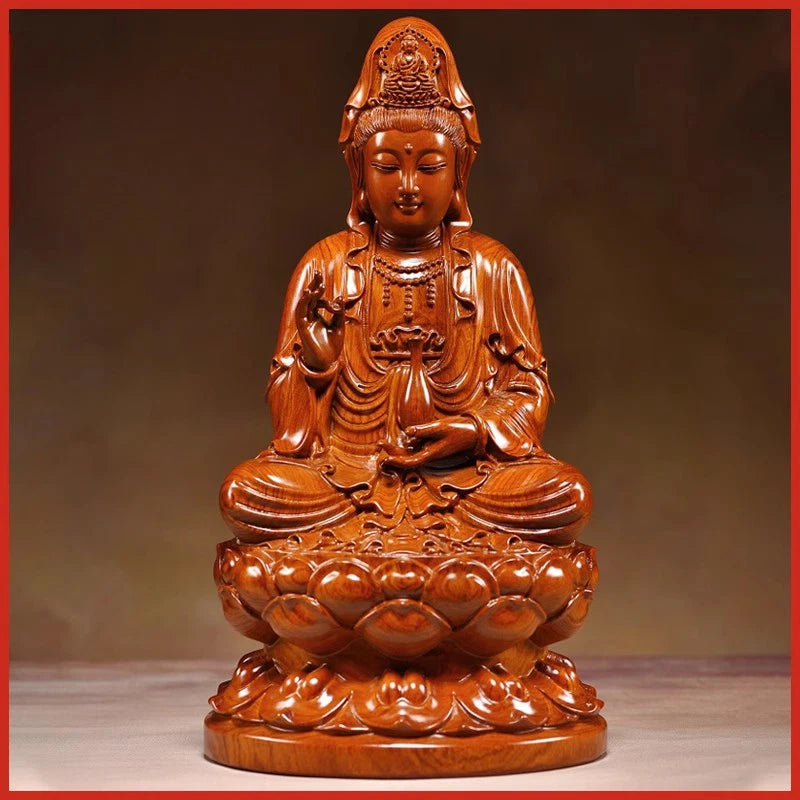 Pear Wood Sitting Lotus Guanyin Bodhisattva Buddha Ornament Engrave Arts Crafts 07FC0E-D4 - KOEEK