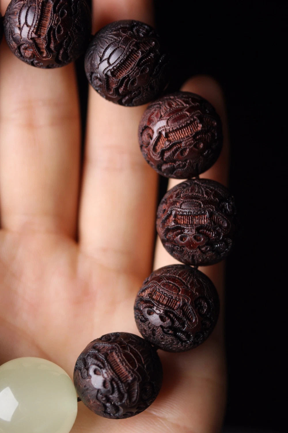 18mm Moonstone Pixiu Carved Beads Bracelet Rosewood Buddhist Prayer Jewelry 07FC0E-D4 - KOEEK