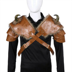 Men's Medieval Armor Shoulder Fur Viking PU Leather Armor w/Horn Halloween Prop 07FC0E-D4 - KOEEK