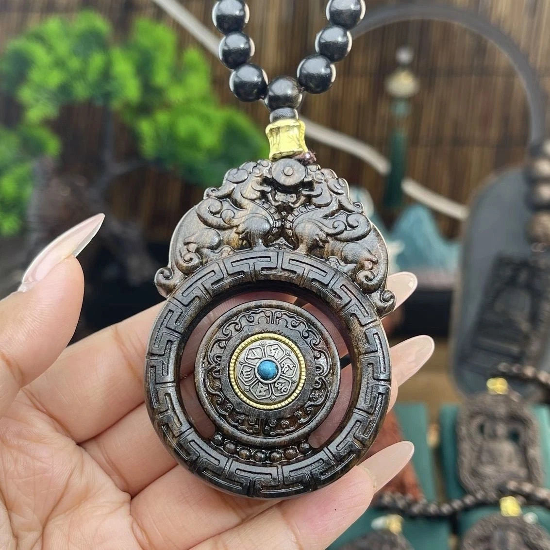 Nha Trang Agarwood Double Sided Pixiu Guanyin Pendant Necklace Car Hang Charm 07FC0E-D4 - KOEEK