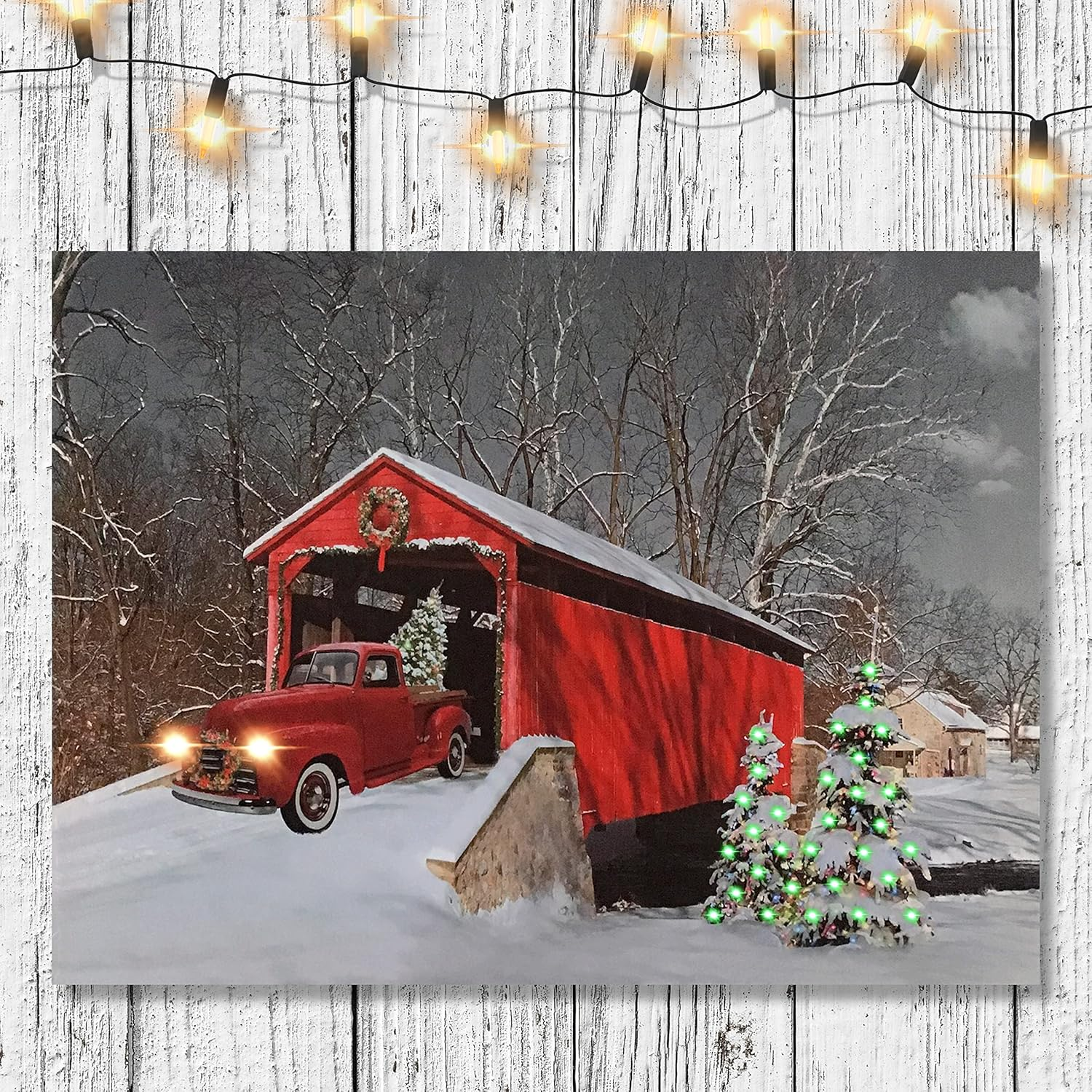 LED Wall Art - Lighted Red Truck Covered Bridge Canvas Print - Christmas Picture 07FC0E-D4 - KOEEK