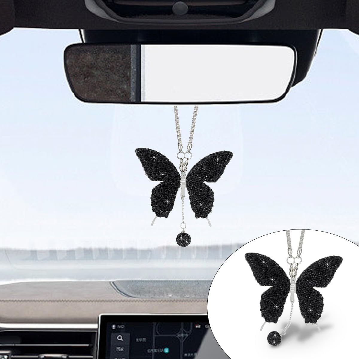 ny Bling Butterfly Diamond Bilhengende tilbehør, Krystall Car Rear View Mirror Ch