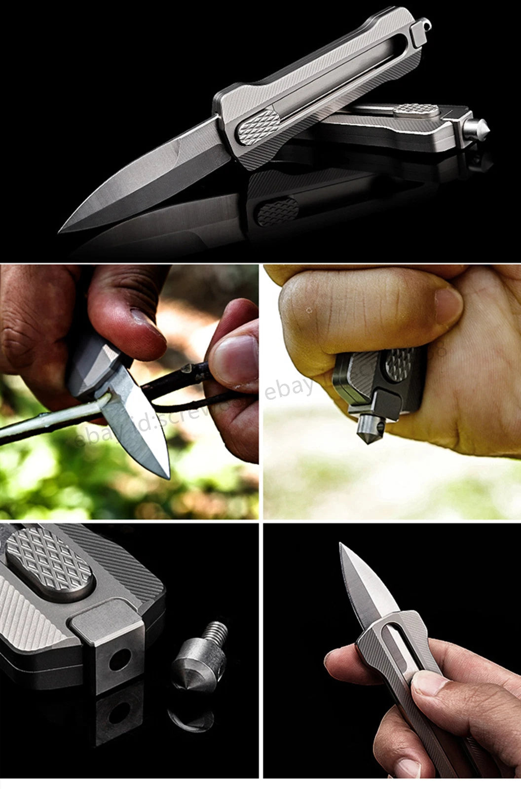 Titanium Slide Lock Manual Open EDC Knife w/ D2 Spear Point Blade&Glass Breaker 07FC0E-D4 - KOEEK