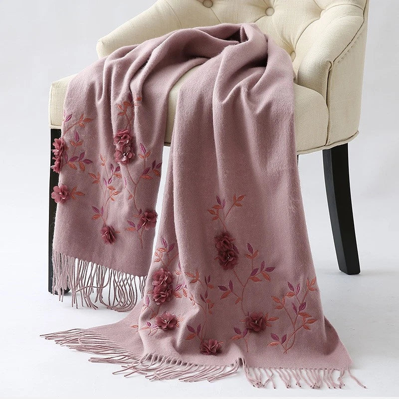 Womens soft Cashmere Scarf Bandana 3D Pink Flower Embroided Cape Shawl Pashmina 07FC0E-D4 - KOEEK