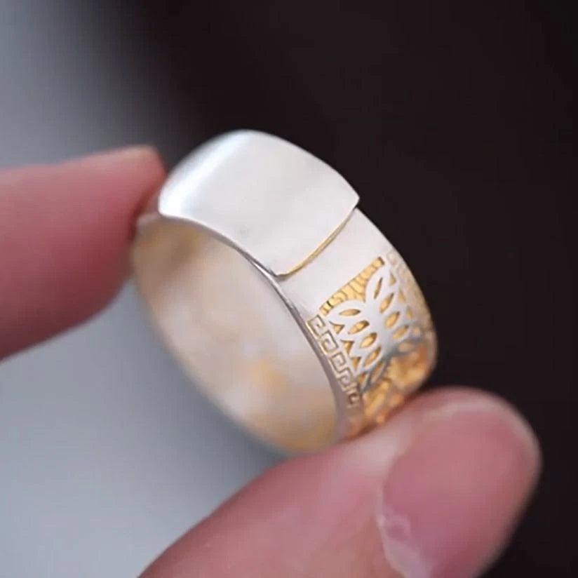 Silver Plated Chinese Style Six Word Mantra Open Ring Adjustable Mens 07FC0E-D4 - KOEEK