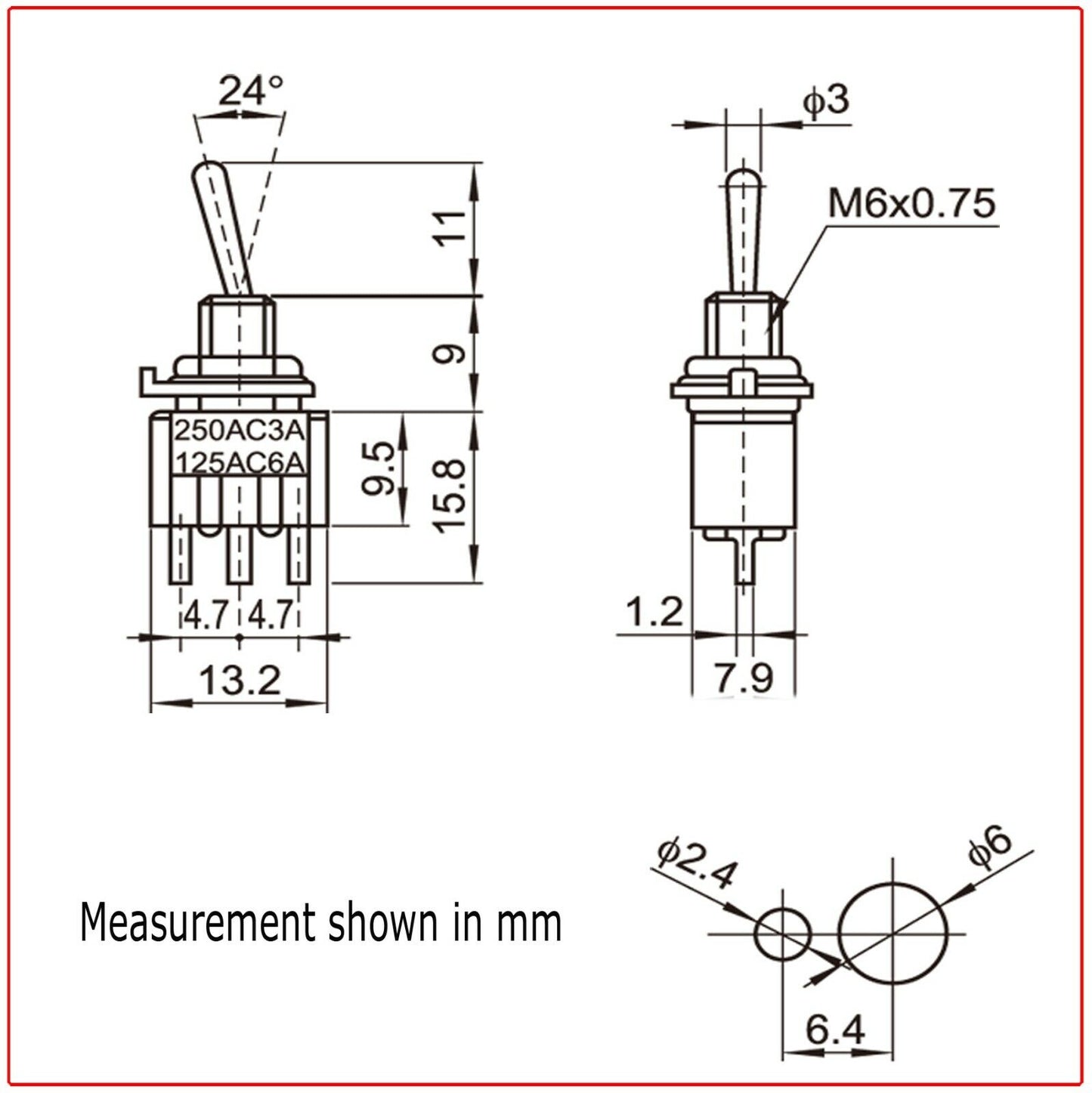 10 stk Mini-vippekontakt SPDT ON-OFF-ON 3 Position 6mm 12V 110V 220V MTS-103