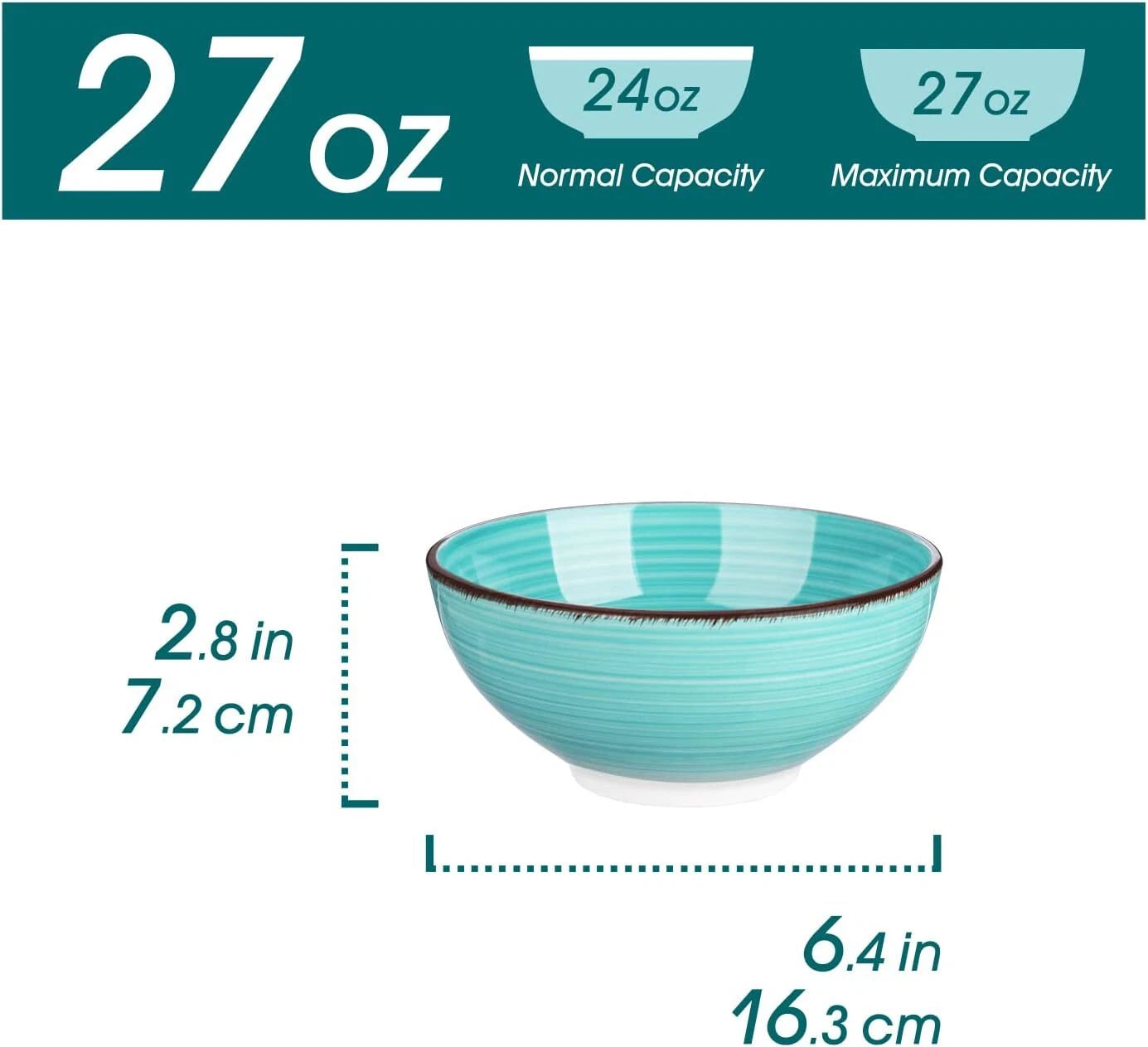 27 Oz Cereal Bowls Set of 6, Blue Ceramic Bowls for Kitchen, 6 Inch Soup Bowls 07FC0E-D4 - KOEEK