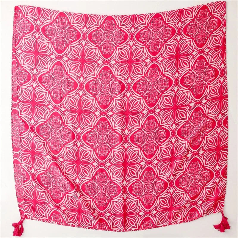 Womens Bright Pink Floral Scarf Tasseled Pashmina Neck Wrap Shawl Bandana 07FC0E-D4 - KOEEK