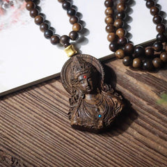 Nha Trang Agarwood Guanyin Pendant Necklace Natural Wood Sweater Chain Charm 07FC0E-D4 - KOEEK