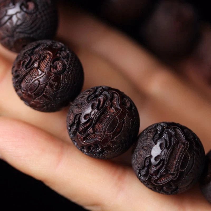 18mm Moonstone Pixiu Carved Beads Bracelet Rosewood Buddhist Prayer Jewelry 07FC0E-D4 - KOEEK