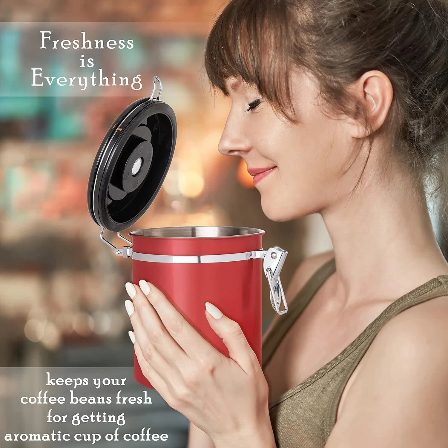 16 Oz Coffee Canister Red, Stainless Steel Airtight Coffee Container, Ground 07FC0E-D4 - KOEEK