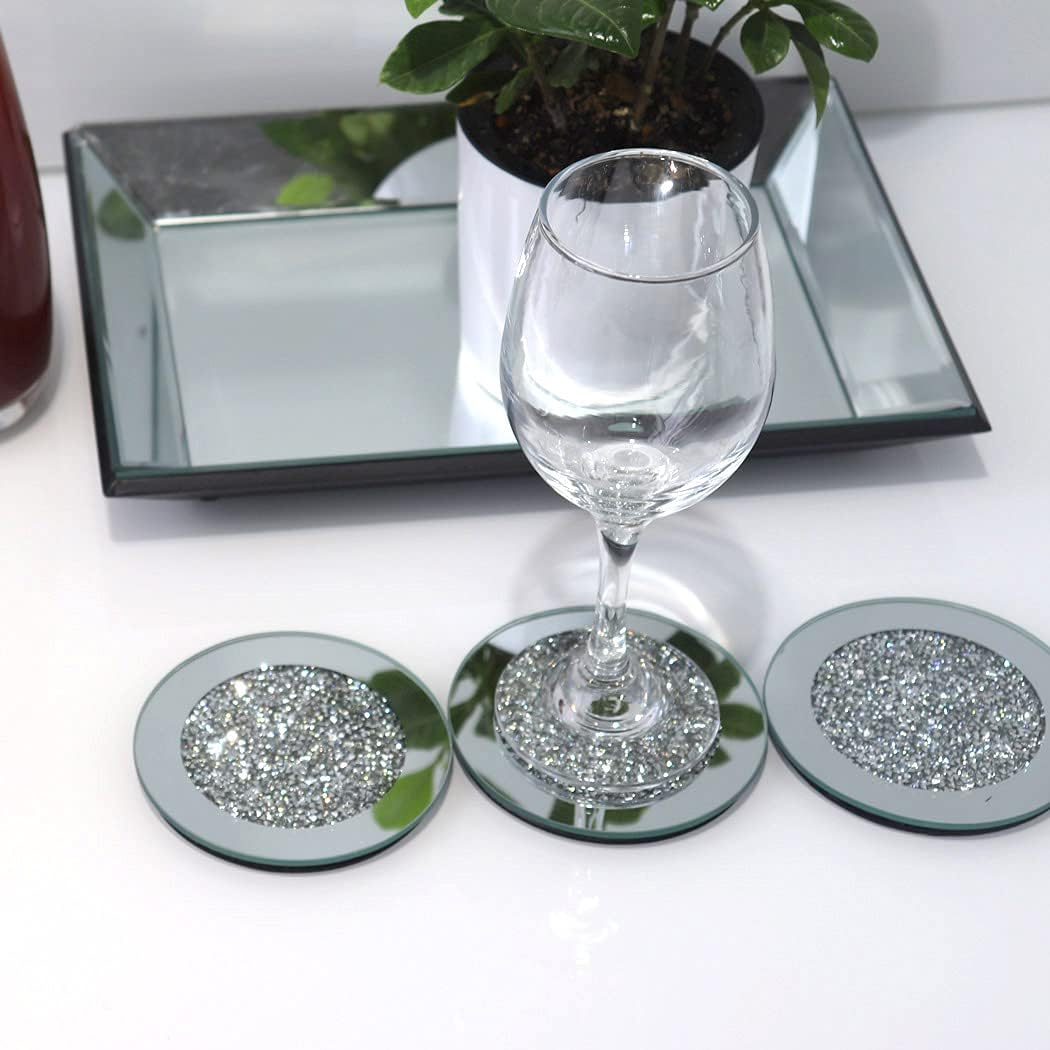 ny Glas Mirrored Coaster 4 PC, Crushed Diamond Round 4" Cup Mat Decor på bordplade