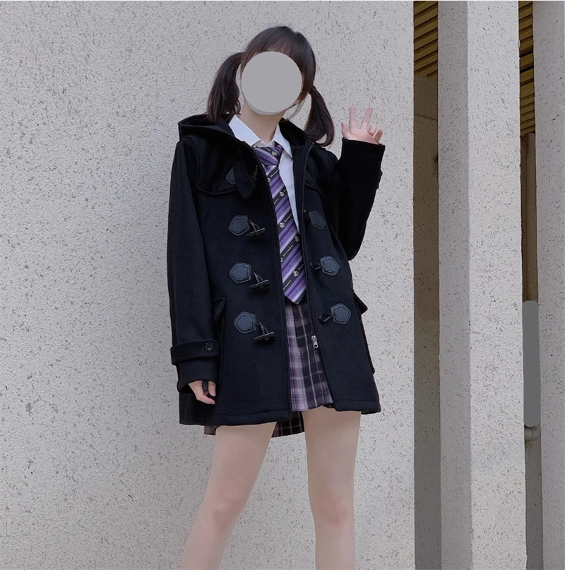 Japanese College Girls Wool Blend JK Coats Uniform Hooded Winter Warm Overcoat 07FC0E-D4 - KOEEK