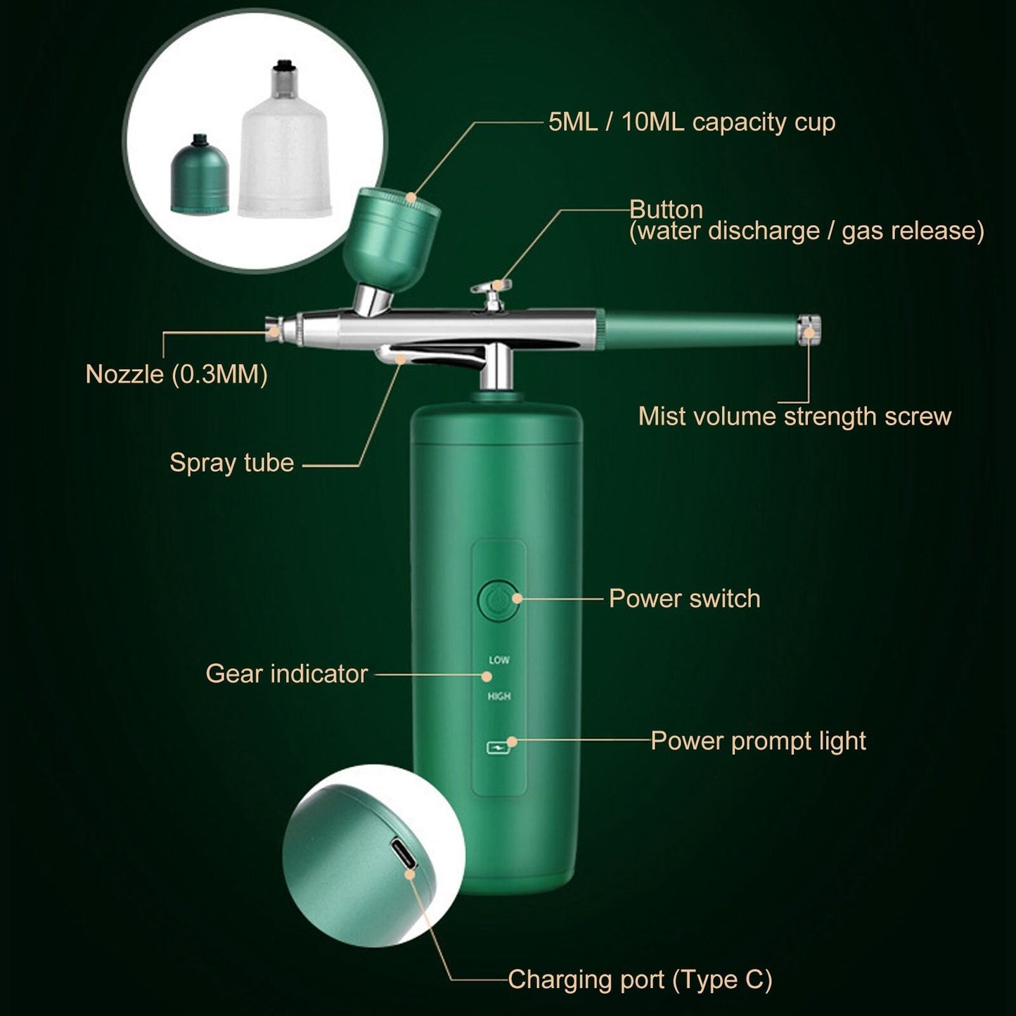 new Spray Airbrush Green Cordless Pressure Nano Hydrating Care Oxygen Injection HGF koeek - KOEEK