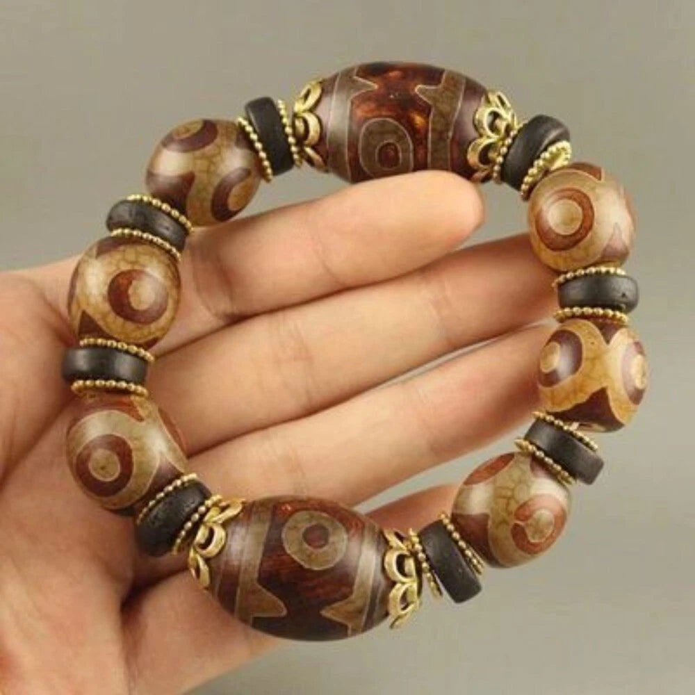 Three Eye Dzi Bead Bracelet Raw Stone Agate Buddhist Prayer Beads Men Jewelry 07FC0E-D4 - KOEEK