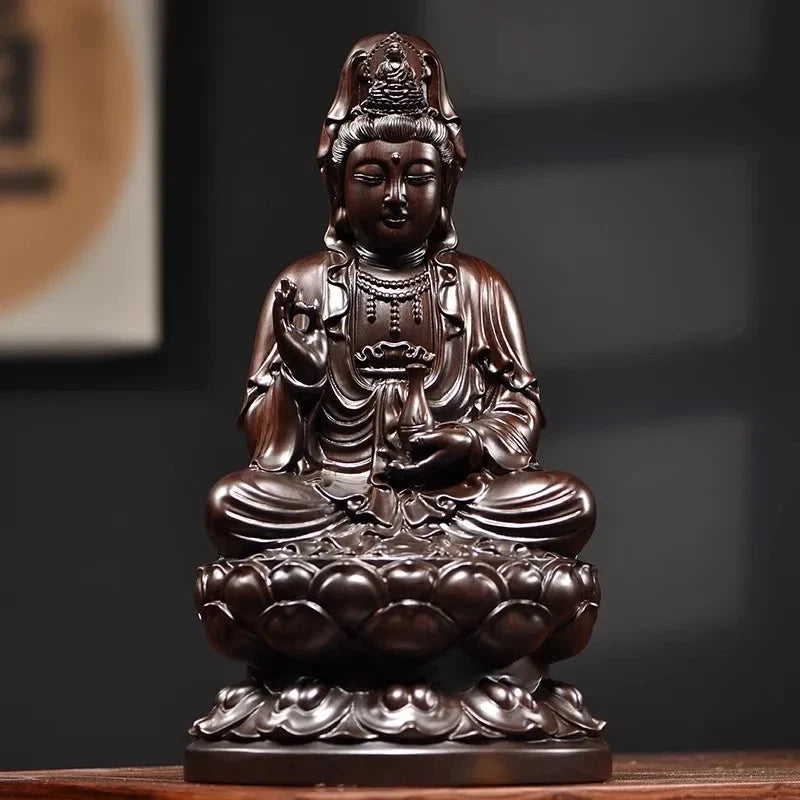 15cm Wood Handcarved Lotus Guanyin Buddha Statue Home Feng Shui Decoration 07FC0E-D4 - KOEEK