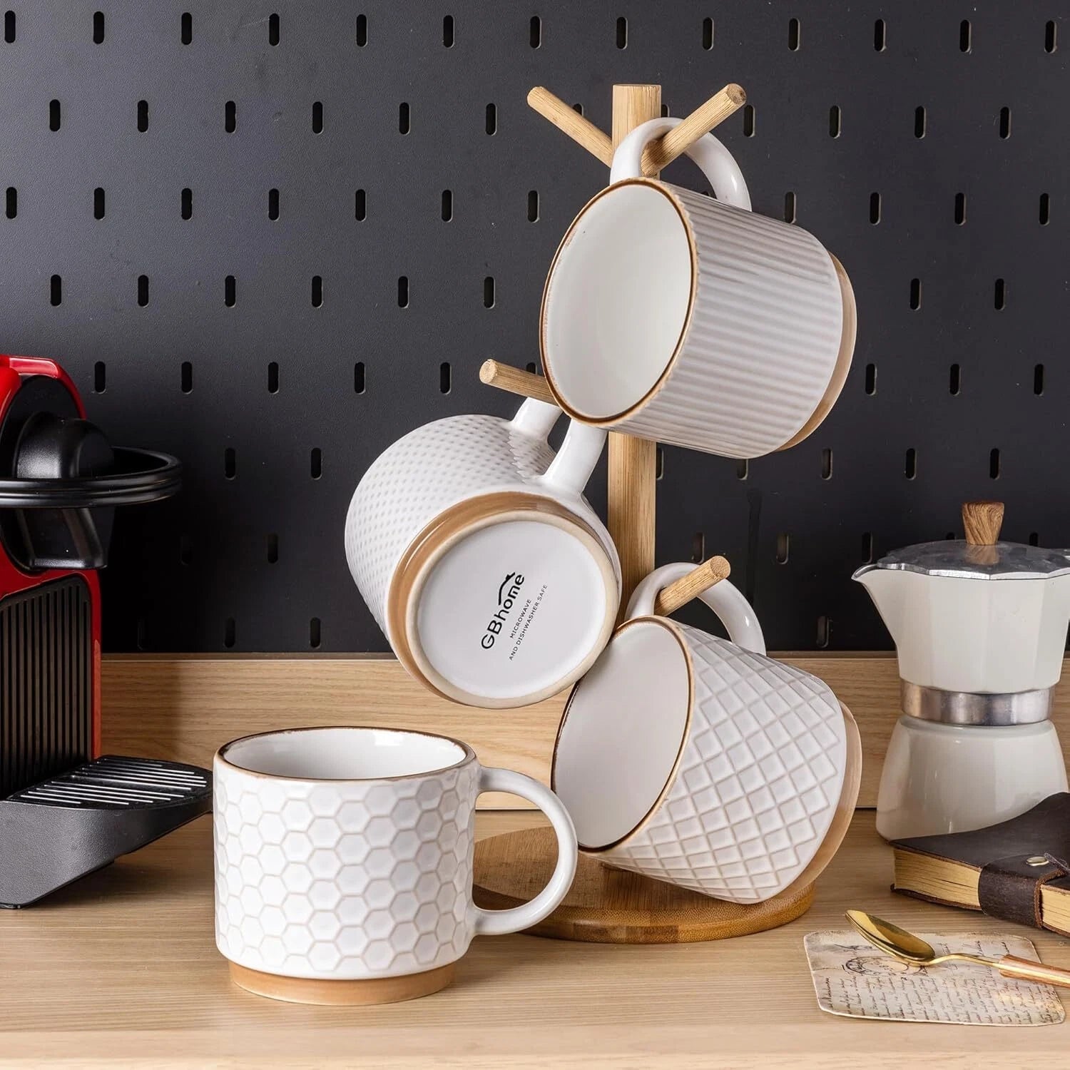 12OZ Stackable Coffee Mugs, Ceramic Coffee Mugs with Texture Patterns 07FC0E-D4 - KOEEK