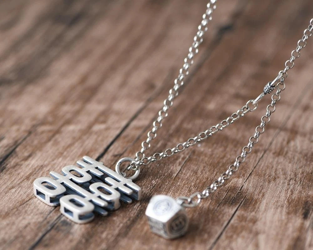 "Xi" Pendant Necklace Double Happiness Long Sweater Chain Silver Plated Vintage 07FC0E-D4 - KOEEK