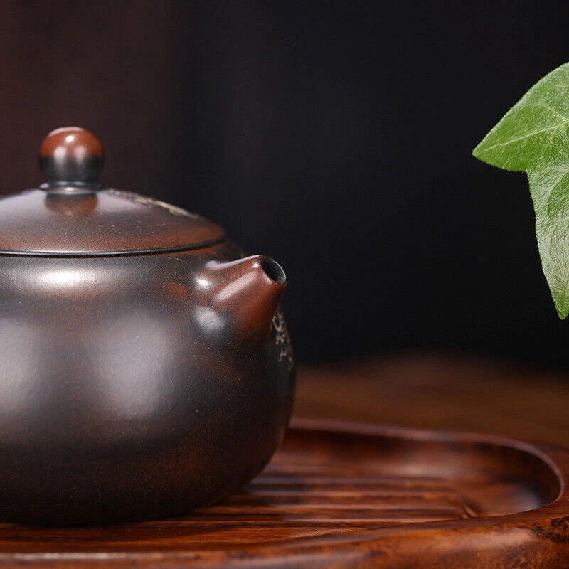 Pottery Tea Pot With Ball Shaped Infuser Holes Dragon Carved Xishi Pot Handmade 07FC0E-D4 - KOEEK