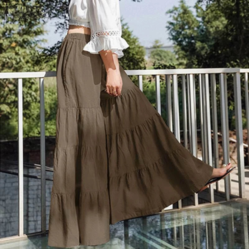 Vintage Solid Womens Wide Leg Elegant Casual Long Pants Elastic Waist Trouser 07FC0E-D4 - KOEEK