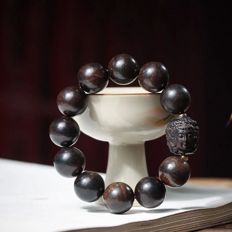 Agarwood Carved 3 Face Guanyin Beads Bracelet Tara Prayer Beads 18mm 07FC0E-D4 - KOEEK