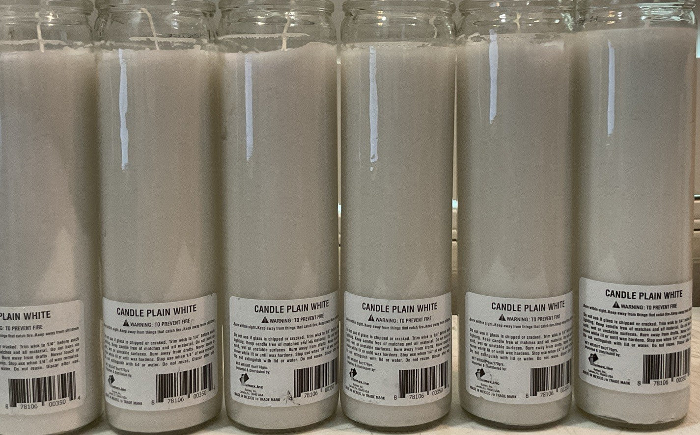 6  Candles White Prayer, Emergency Pillar Clear Glass 8” Unscented 80 hour WHITE - KOEEK