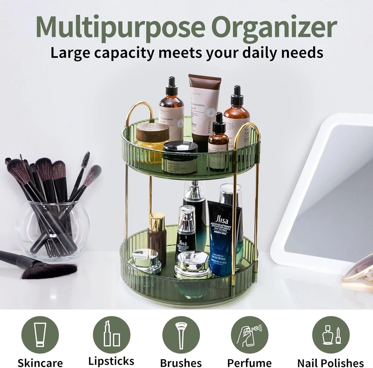 360 Rotating Makeup Organizer,2 Tier Large Capacity Cosmetics Organizers 07FC0E-D4 - KOEEK