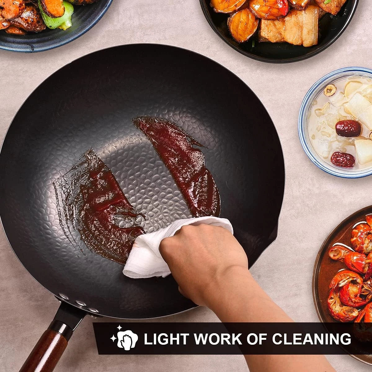 12.8" Carbon Steel Wok-11Pcs Woks & Stir Fry Pans Wok Pan with Lid 07FC0E-D4 - KOEEK
