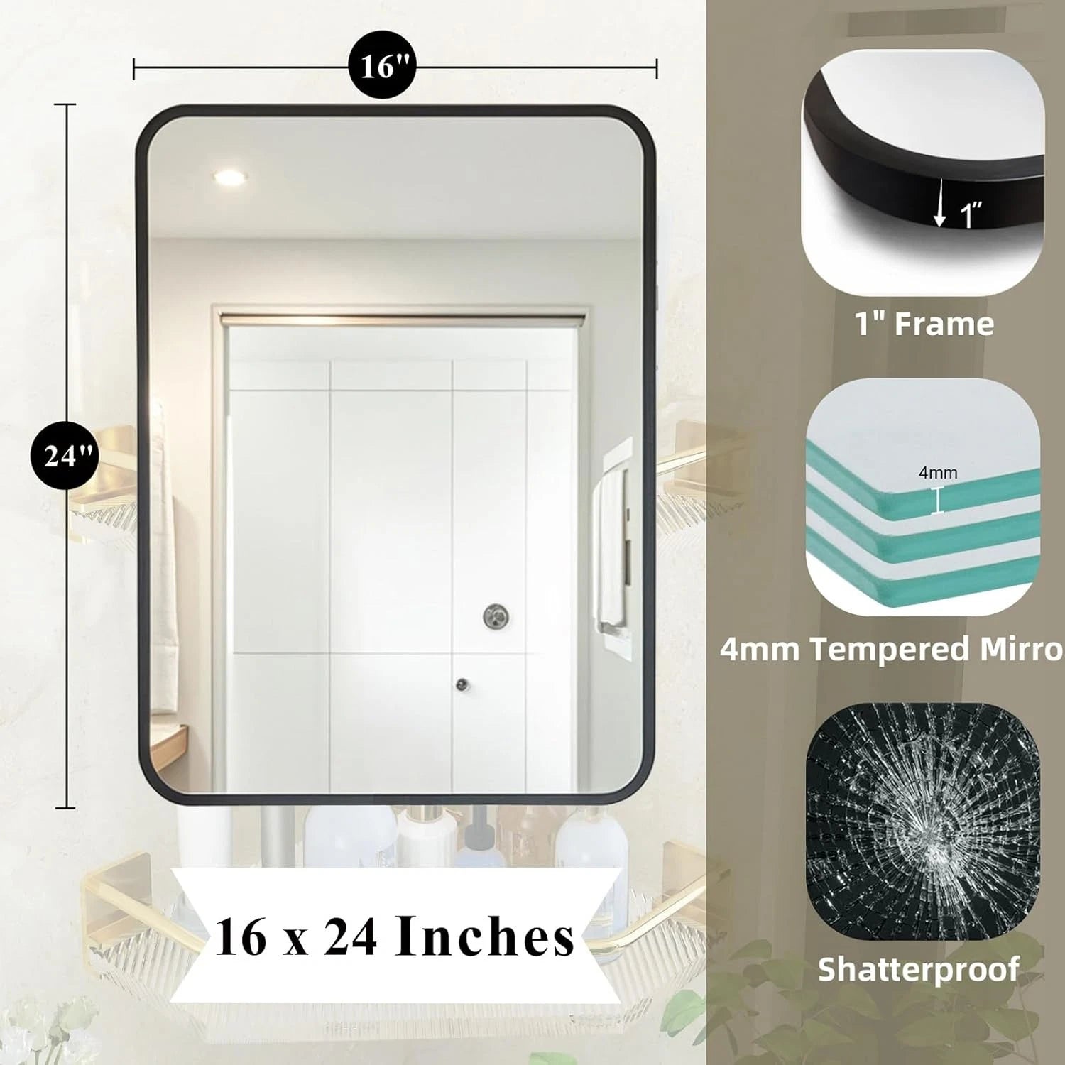 16x24 Black Rectangle Bathroom Mirrors for Over Sink, Bathroom Vanity Mirror 07FC0E-D4 - KOEEK