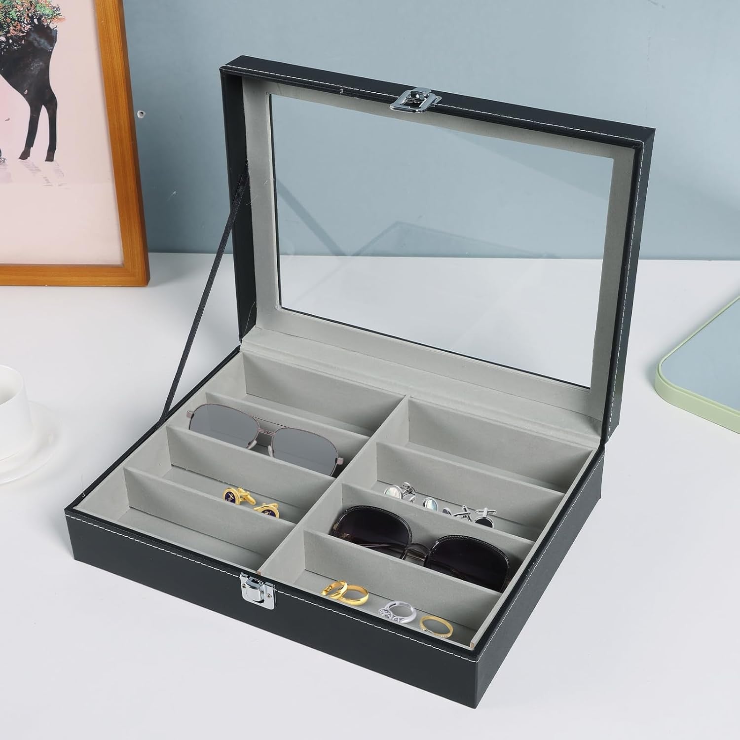 new MYFULLY 8 Slot Eyeglass Sunglass Storage Box | PU Leather Multi Medium, Black