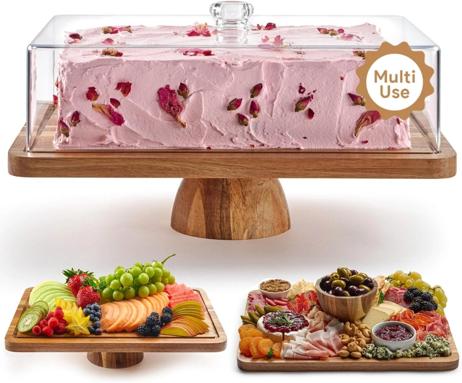 Acacia Wood Cake Stand with Lid - Rectangular Cake Holder, 2-in-1 Dessert Table 07FC0E-D4 - KOEEK