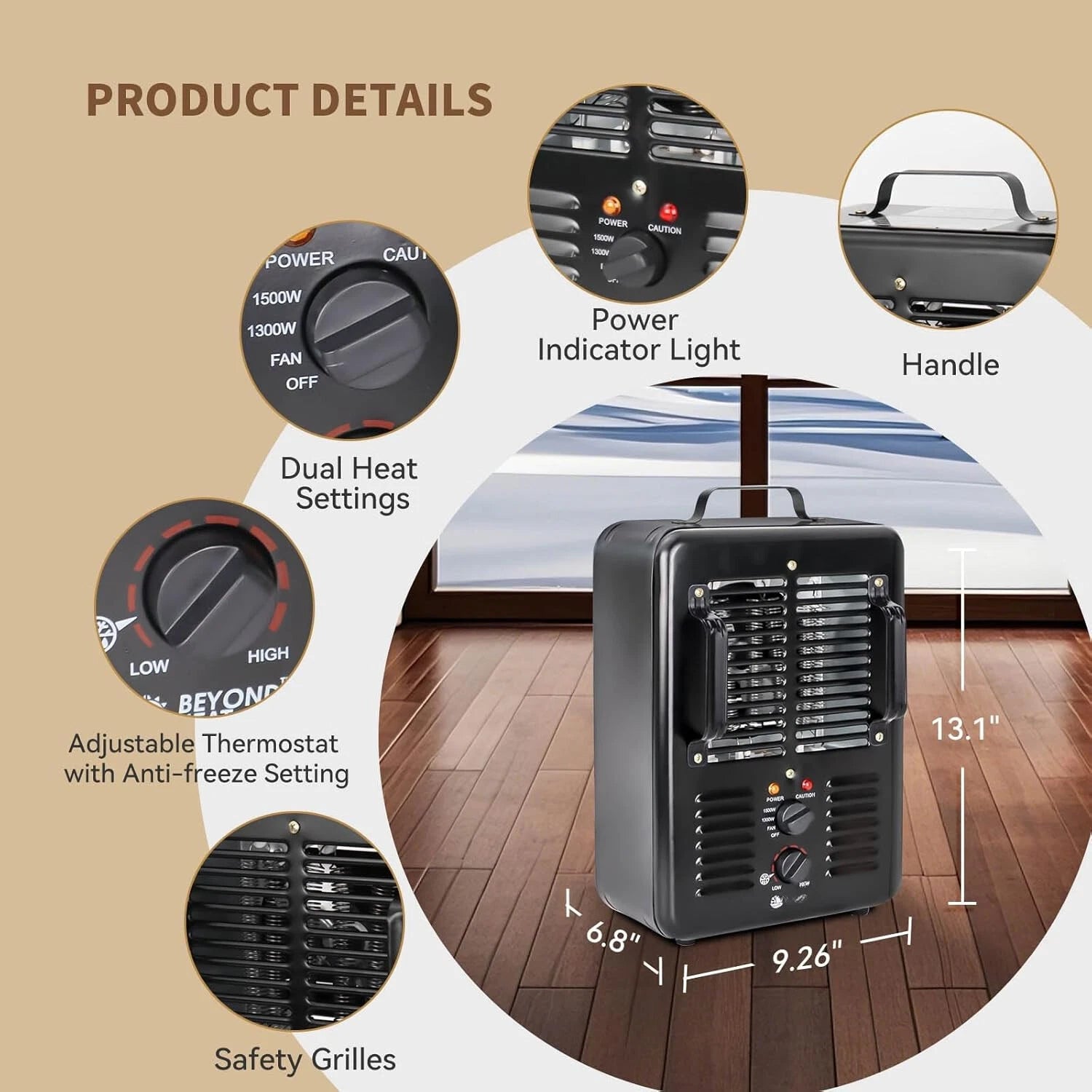 Space Heater, Electric Heater with Thermostat, 3-Segment Heat Setting, Black 07FC0E-D4 - KOEEK